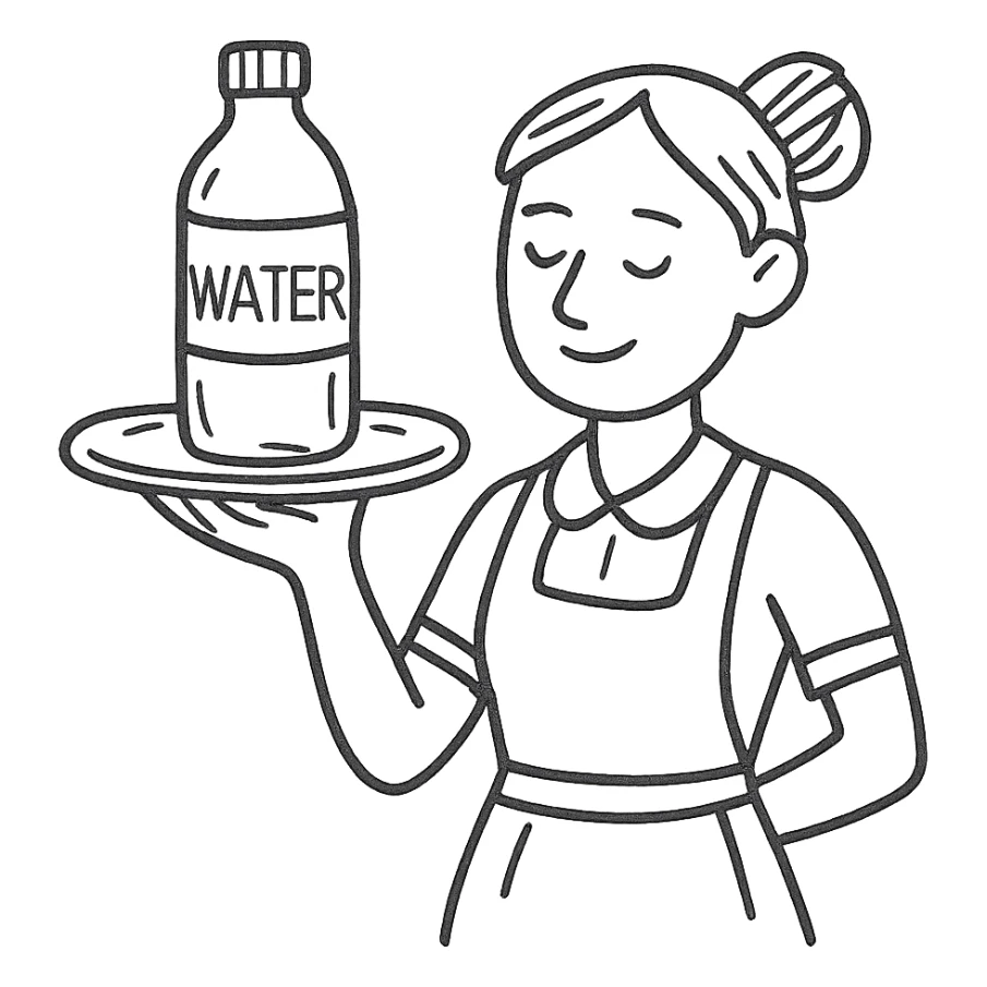 premium water bottle exposed on a premium plate by a high standard waitress sticker