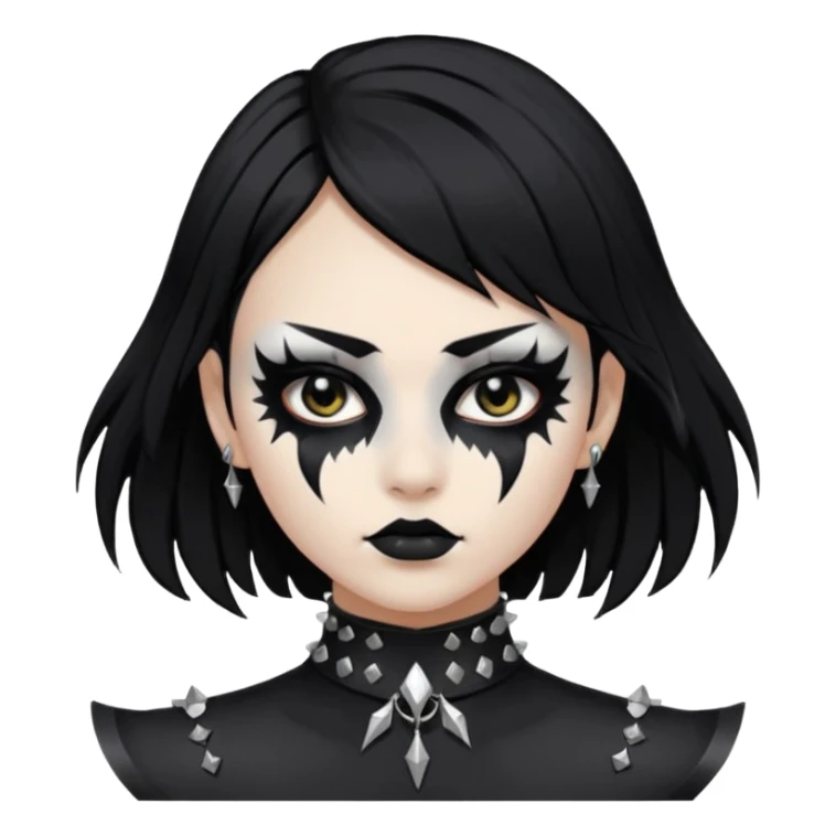 Crea una ragazza con stile black metal,  paint face black metal, capelli neri, mossi dalle spalle e occhi bianchi e un collare con borchie a punta sticker