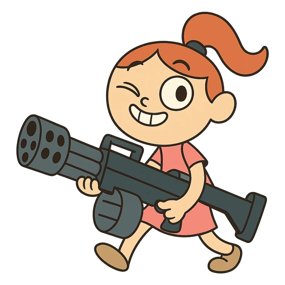 funny, positive stalker girl named Businka with a huge machine gun sticker