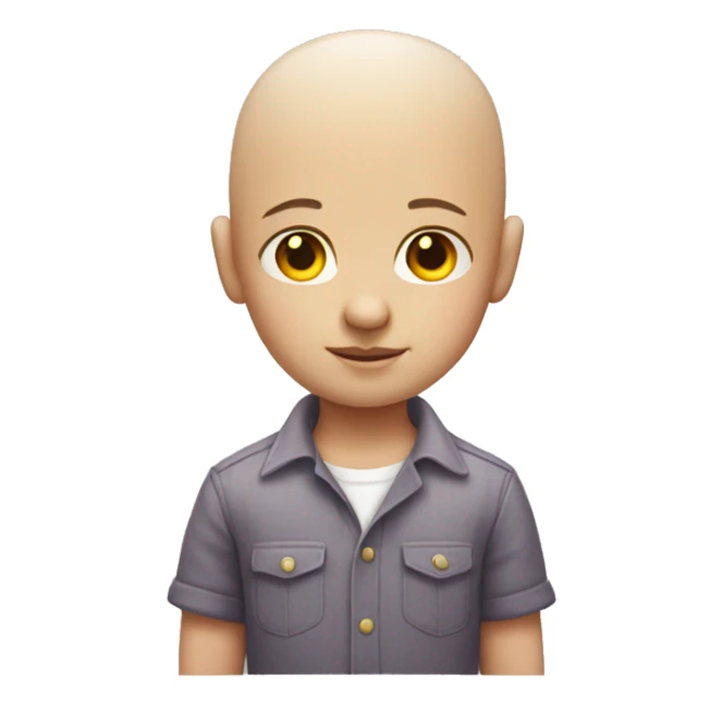 bald boy in shirt with unicorn horn on forehead sticker