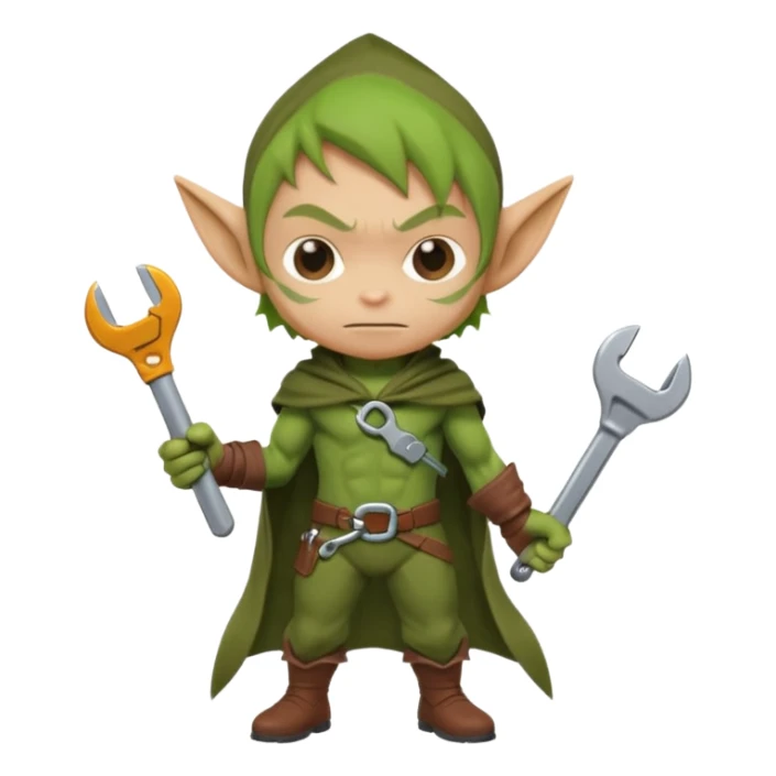 short green goblin, hold a wrench, brown cloth, cute chibi full body sticker