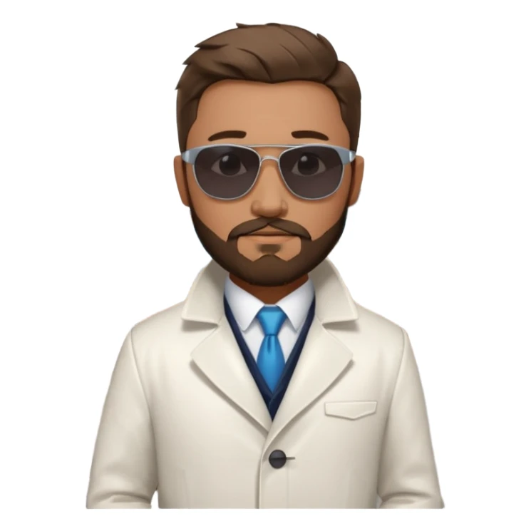 White tesla model 3 with one cool physician with dark blond hair, beard and dark sunglasses next to it sticker