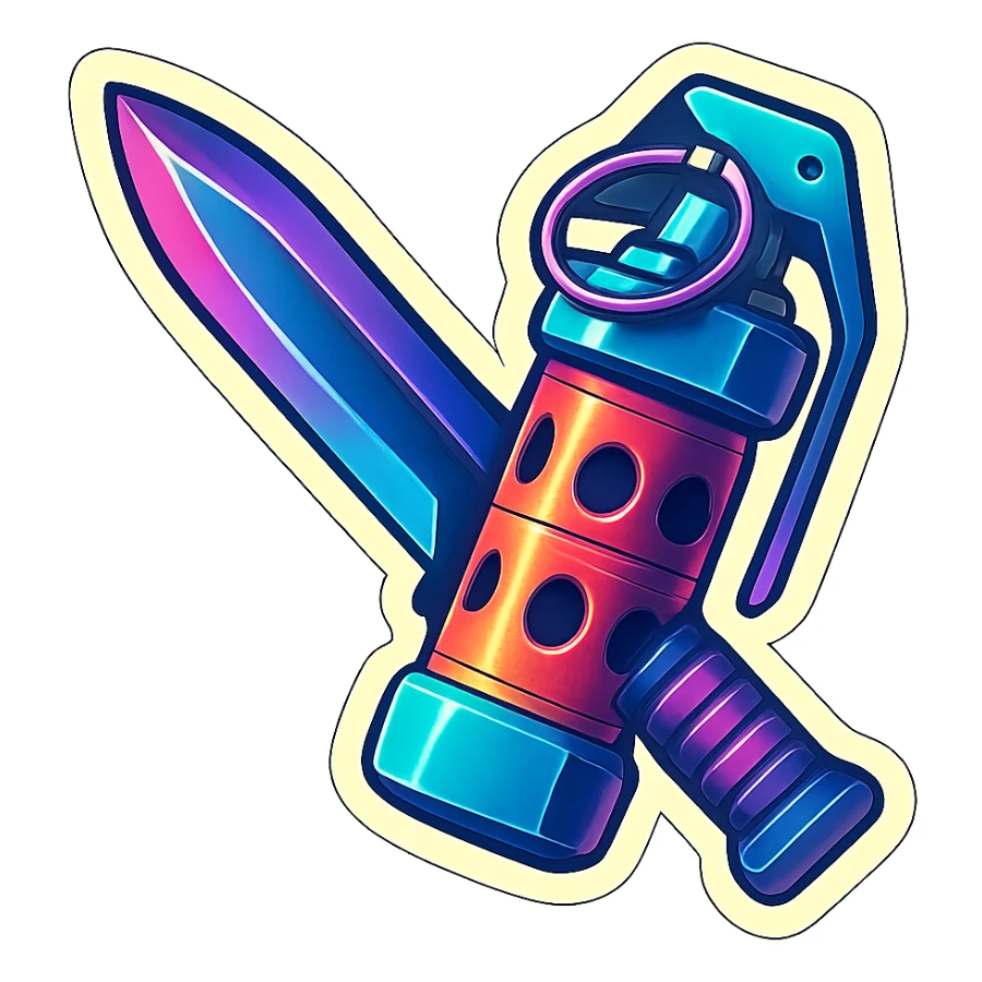 a crossed combat blade and flashbang, 90s futuristic sticker