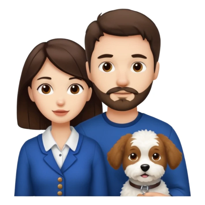 scottish man with stubble, brunette woman and one white fluffy dog sticker