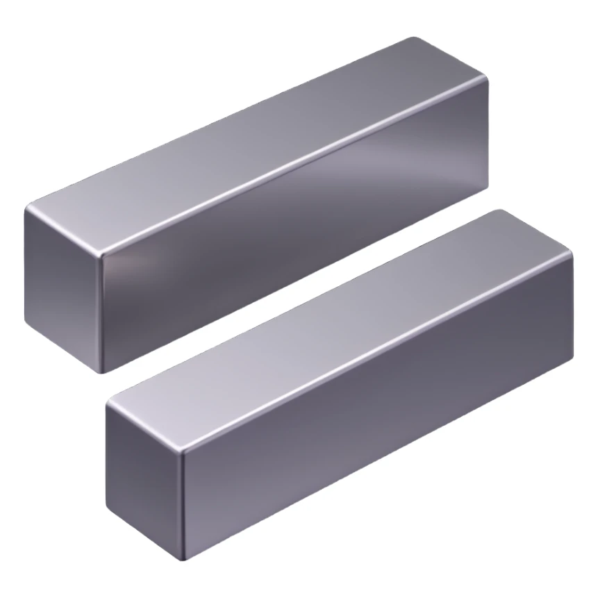 three long steel blocks, isometric view, two on the bottom and one on top, metallic shine, rectangular shape sticker