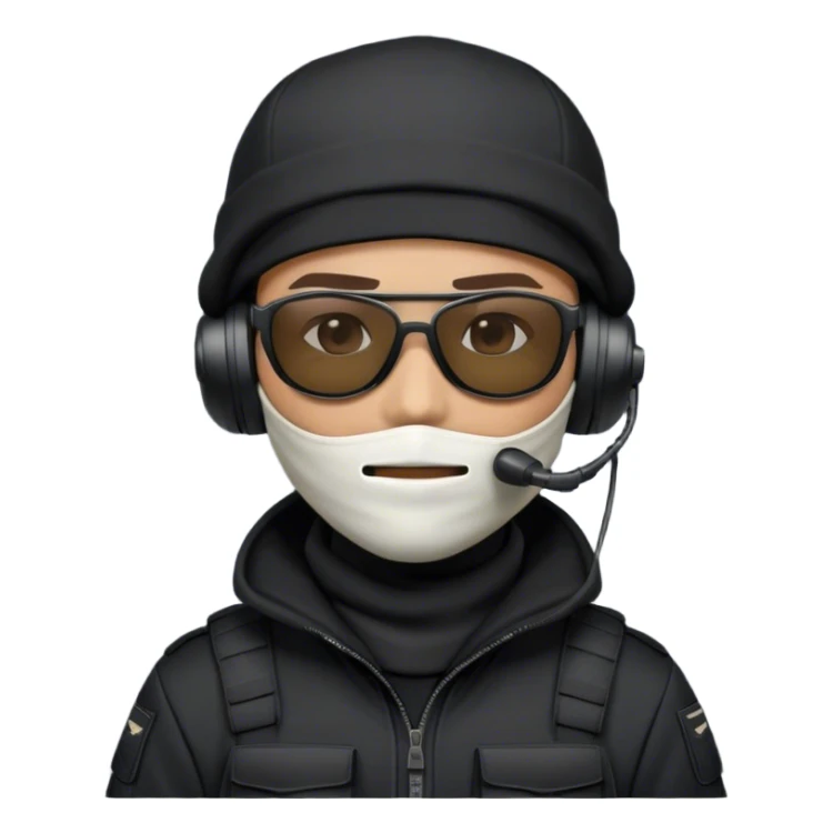 A tactical operator emoji wearing a black cap backward, a white balaclava covering the face, black tactical sunglasses, and a professional military-style headset with a microphone. The character should have a dark hoodie or tactical outfit, looking sleek and modern. sticker