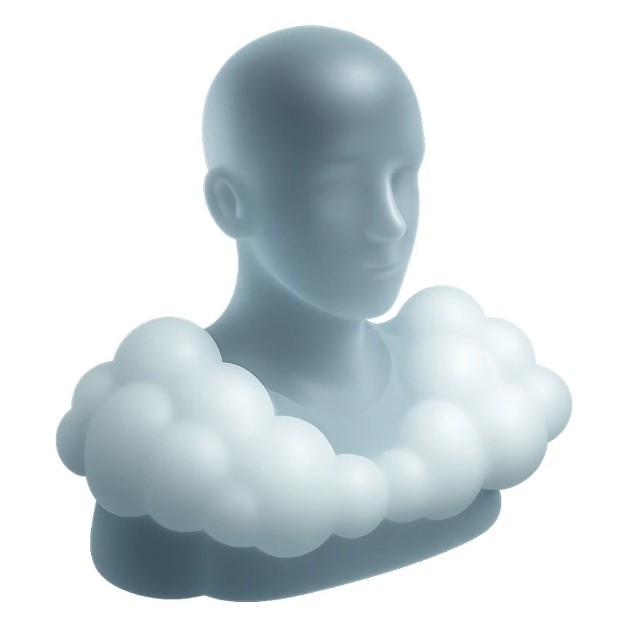 person looking straight ahead, shoulders filled with convex white fluffy clouds, matte glass style sticker