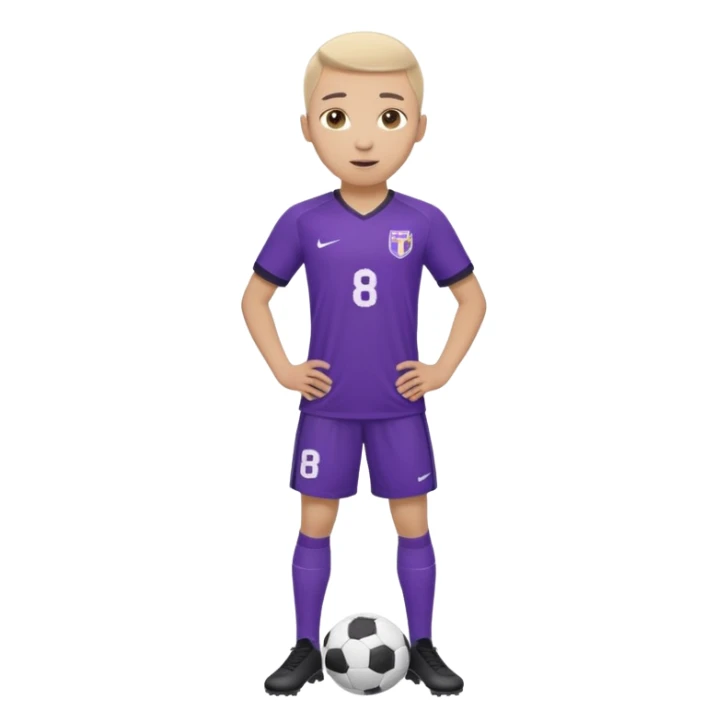 Apple emoji style 21 year old athletic soccer player standing same pose, purple jersey #8, clean gradient background sticker