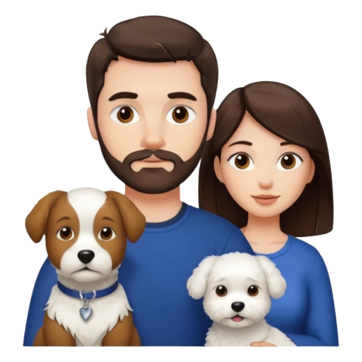 scottish man with stubble, brunette woman and one white fluffy dog sticker