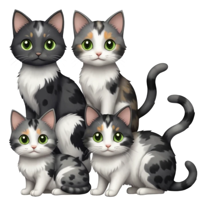 3 different coloured small cats including a dark grey and white, and a patchy calico with hazel eyes and a completely solid dark grey with green eyes and only white paws sticker