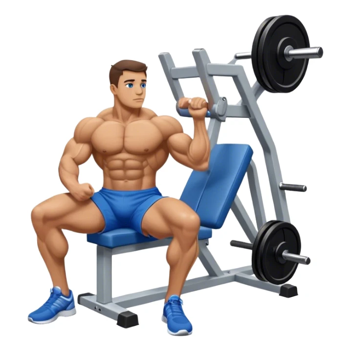 side-view bodybuilder in blue shorts seated weighted calf-raise machine on his tip toes sticker