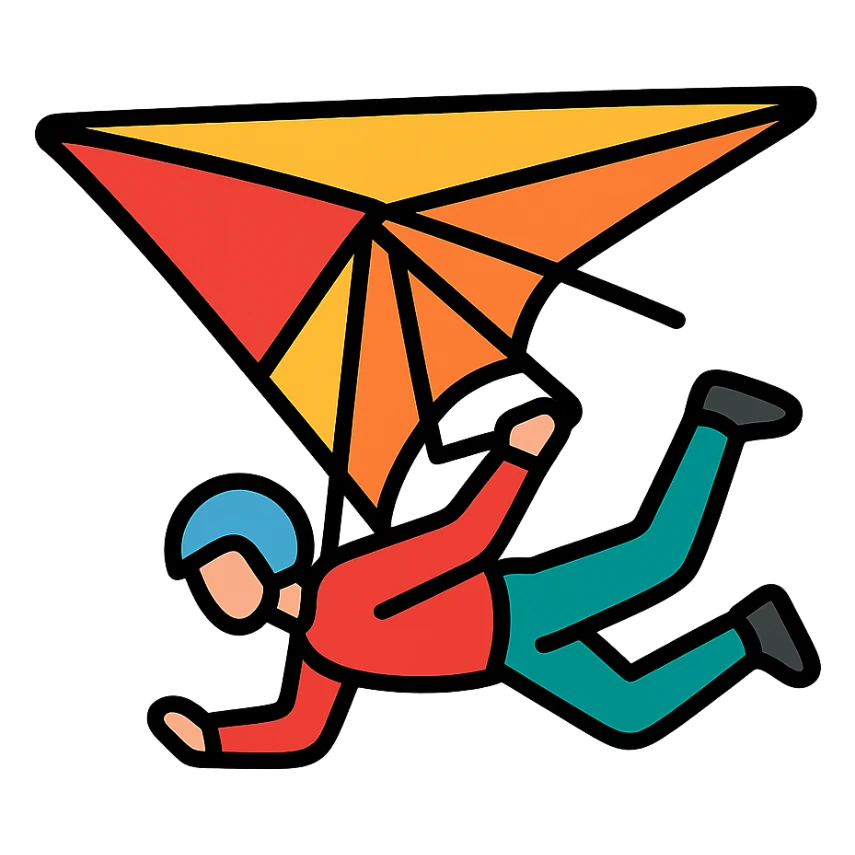 hang glider with a pilot performing a stunt, dynamic action pose, colored icon with black outlines sticker