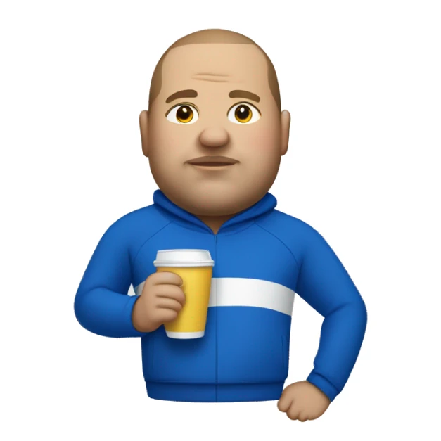 fat man in blue sweatsuit with white stripe sipping cup sticker