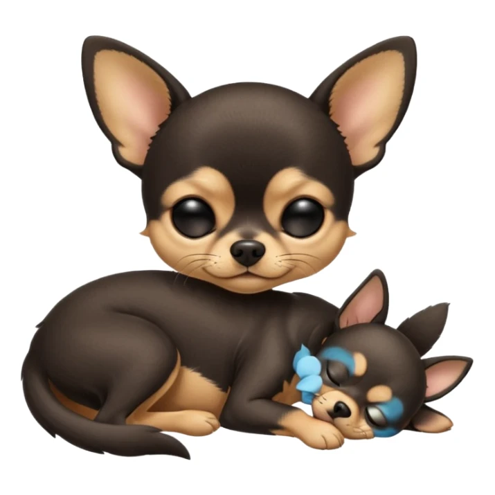 A high-resolution photo-realistic digital illustration of a cute black and tan chihuahua with eyes closed shut sleeping lazily on the ground sticker