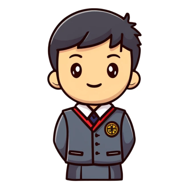 Japanese high school boy at graduation ceremony in traditional uniform with second button highlighted sticker