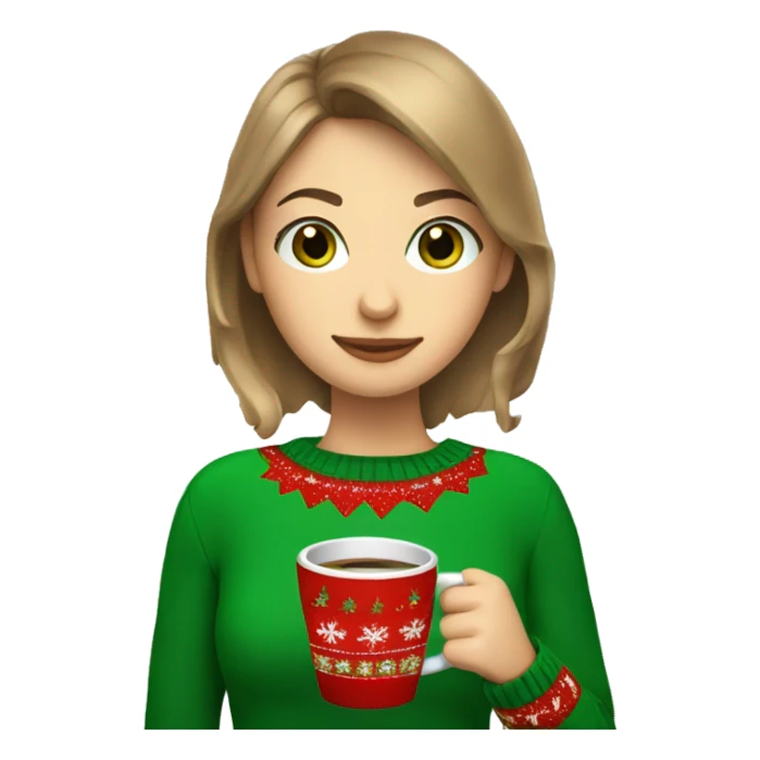 Light brown short haired girl with green eyes drinking coffee wearing Christmas sweater sticker