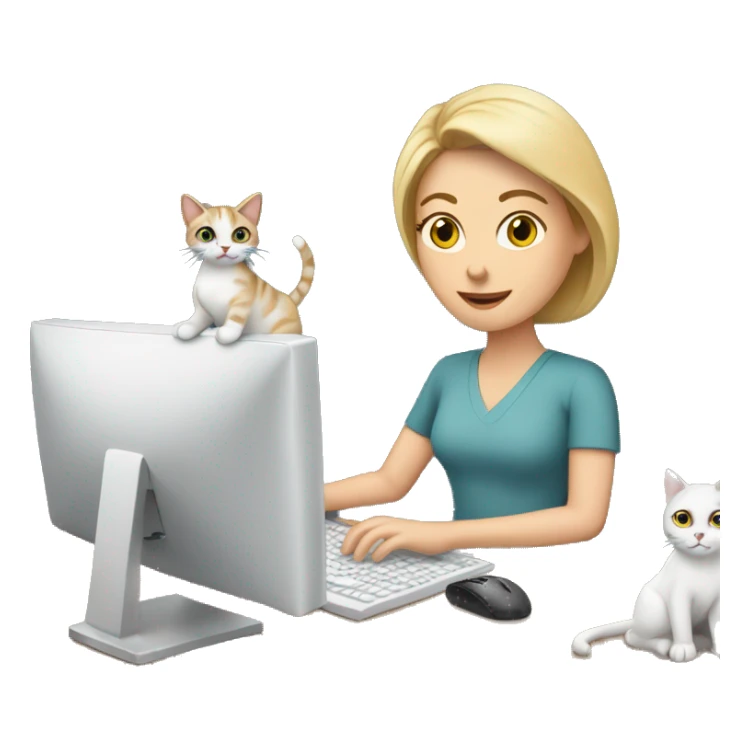 working white woman sitting at computer with cats sticker