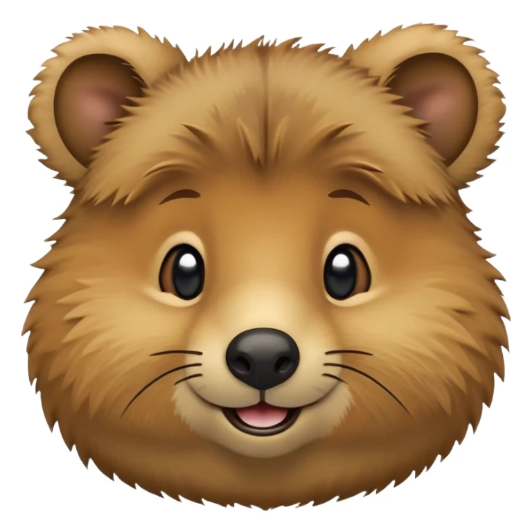 cinematic-realistic quokka-emoji,-small-round-frame, head tilted in an endearing manner, comical smile, giant-fluffy-cheeks-large-smile-fluffy-brown-fur-radiating-a-warm-softness,-big-round-eyes-filled-with-joy, realisticround  fluffy zoomed in, large black eyes sticker