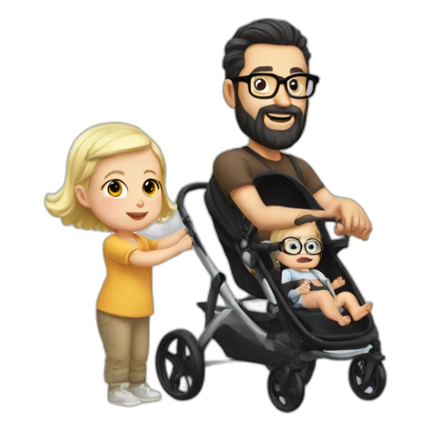 White man with Black hair,  beard and glasses pushing buggy with blonde baby sticker