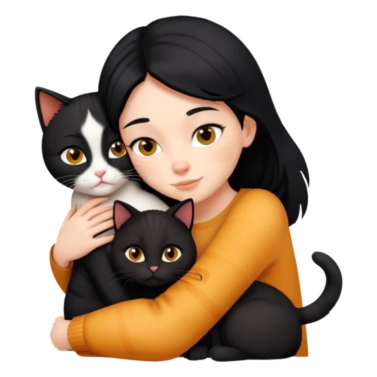 A black-haired girl hugs a ginger cat and A black cat sticker