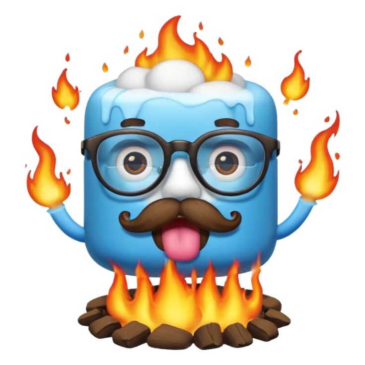 blue marshmallow on fire, surprised with mustache and glassess, just marshmallow sticker