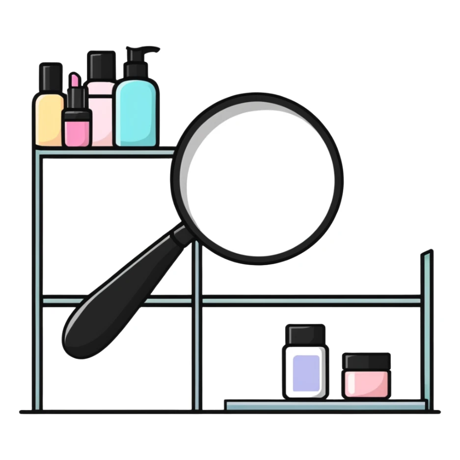 magnifying glass over empty beauty product shelf, searching sticker