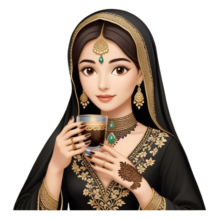 A delicate hand adorned with intricate floral henna designs holds a traitional glass of Arabic coffee. The deep brown henna contrasts beautifully with the rich embroidery of the black outfit, which features shimmering floral patterns. A gold ring and dark nail polish add elegance to the aesthetic. sticker