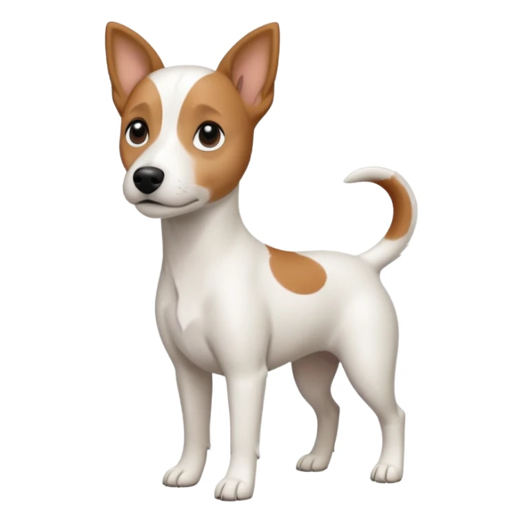 a fully white jack russell the size of a kelpie with floppy ears and a half white face sticker