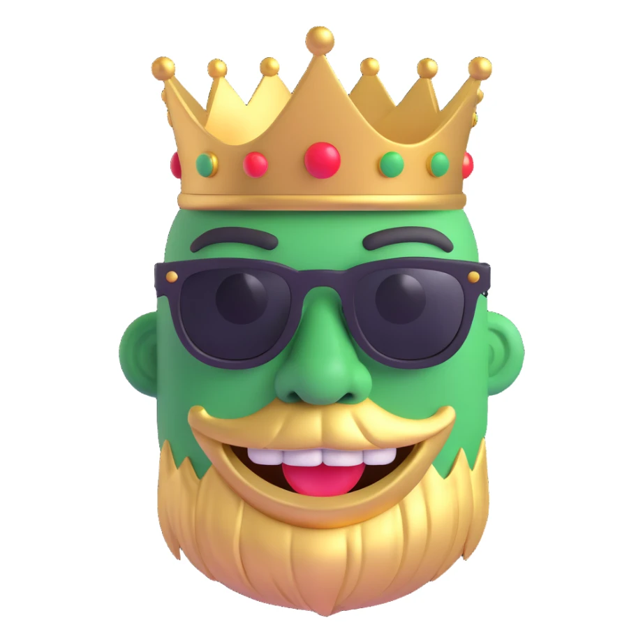 3D emoji of a trollface meme with a gold crown, pixel sunglasses, and a smoking joint sticker