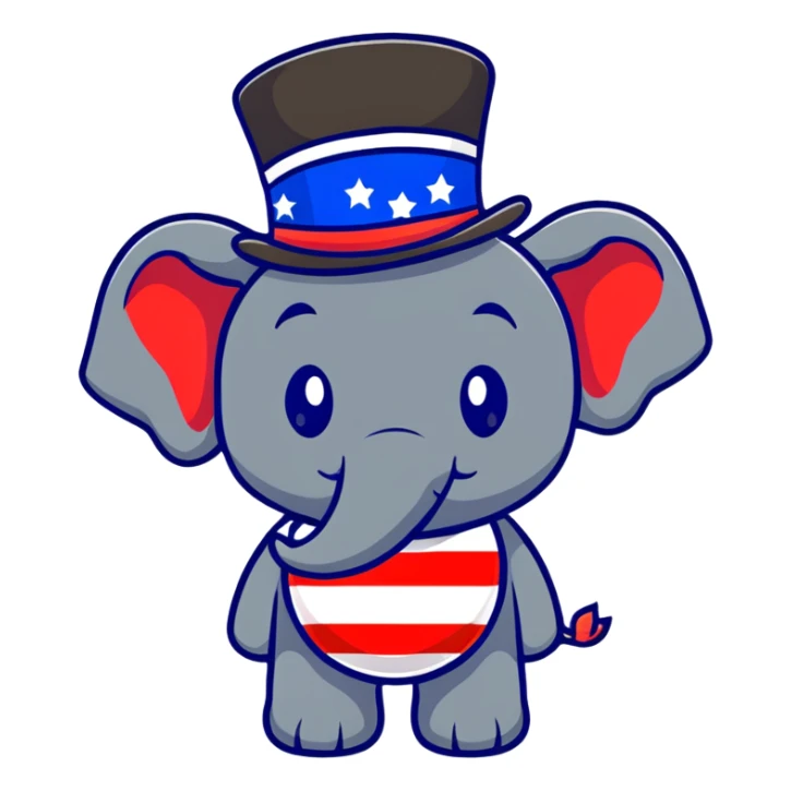 cute red elephant, simple flat design, round shape, patriotic top hat, cartoon sticker style sticker