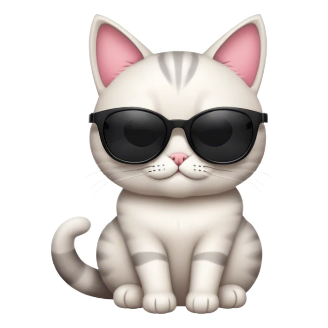A cool, cartoon-style cat wearing oversized black sunglasses, sitting confidently with a relaxed expression. The cat has smooth fur, a small smirk, and a playful yet stylish posture. Flat, modern illustration, minimal shading, digital art, white background, iOS emoji aesthetic. sticker
