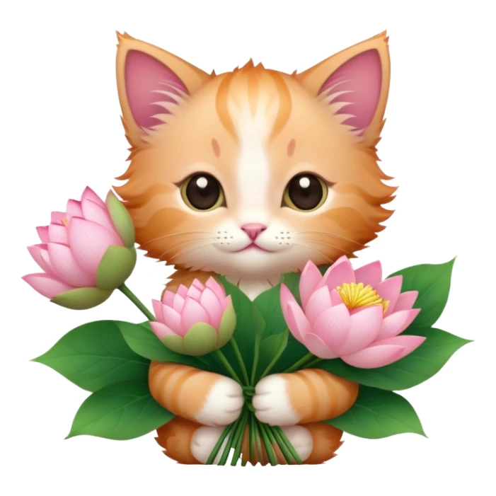Kitten holding a bouquet of lotus flowers sticker