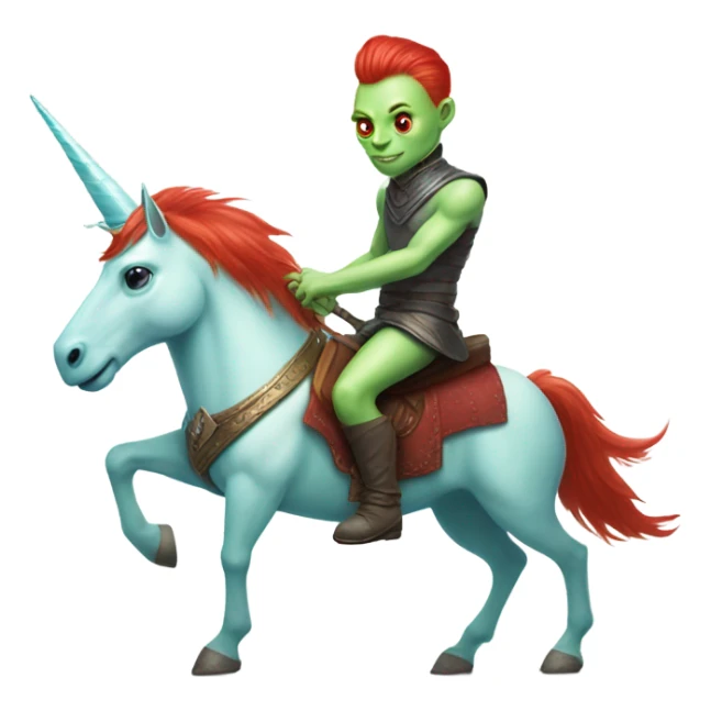 [politically incorrect
	{ man: alien, color: light green, hair:red, eyes:cat} ]
	on a 
	[{ unicorn: white, legged:four, mane: light blue }] sticker