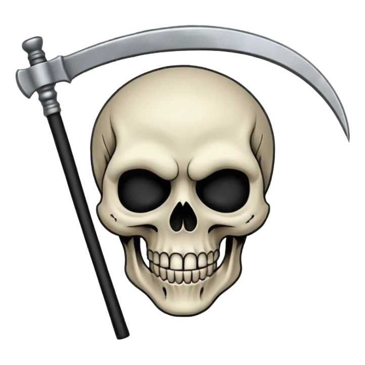 A laughing skull with a scythe crossed behind it, one eye socket winking. Clean, stylized lines, flat vector. Medieval woodcut style. Black and white with one accent color (tarnished silver). No background. sticker