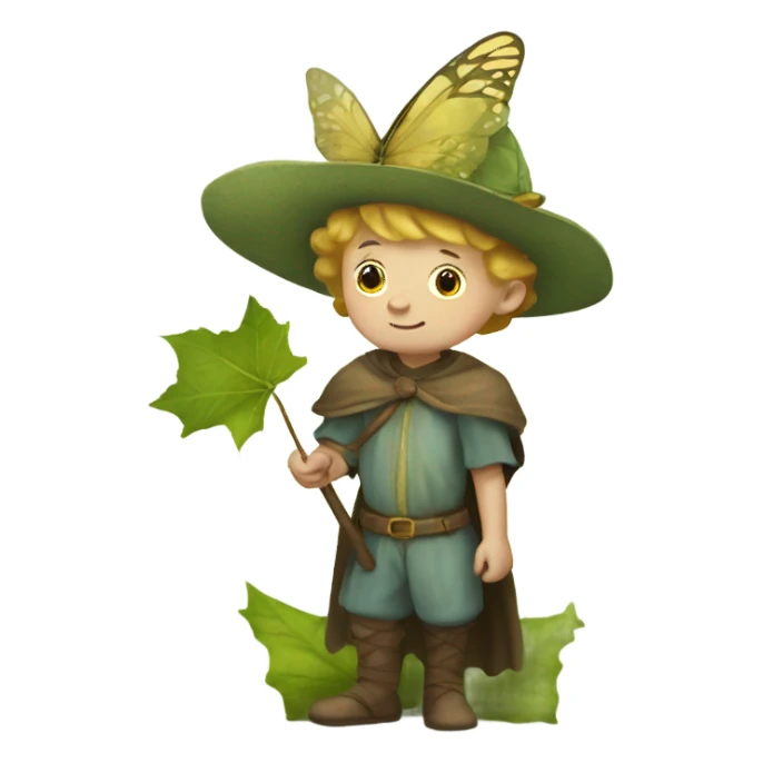 Medieval little whimsical boy who is pale and he has a leaf hat and is riding a butterfly sticker