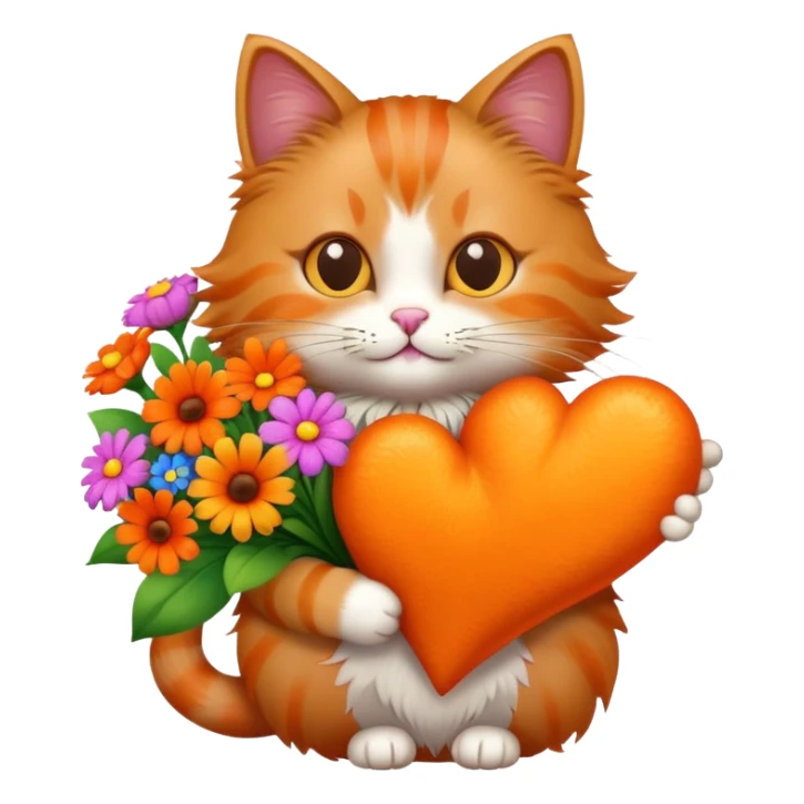 A cat with a heart in its arms and a bouquet sticker