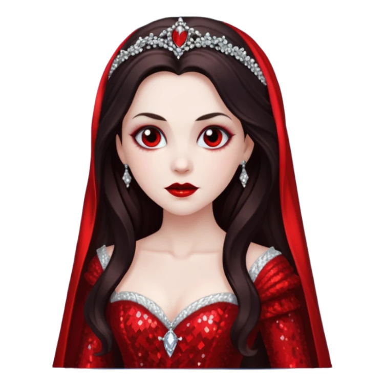 Bride of Dracula with long dark brown hair, red sequin outfit sticker