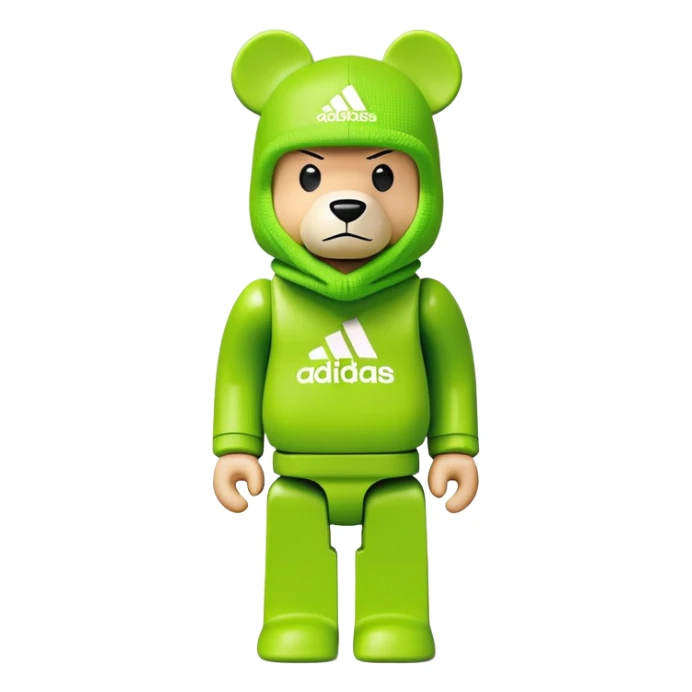 bearbrick toy with cubic design, wearing a lime green balaclava with Adidas trefoil logo, clear aggressive eyebrows, proper bear figure sticker