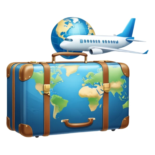 An icon featuring a suitcase, a hotel building, and one globe, symbolizing tourism and hospitality. The design includes a plane and a map, representing travel and accommodation services. Transparent background highlights the global nature of tourism and the hospitality industry. sticker