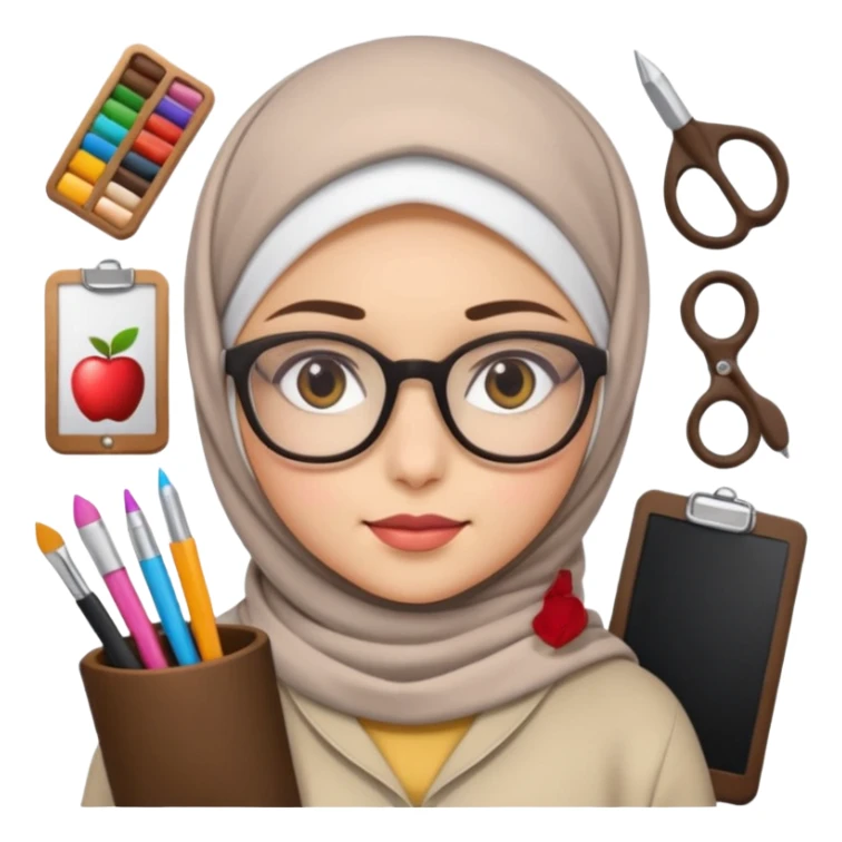 a hijab-wearing girl with glasses, surrounded by design tools, Apple emoji style sticker