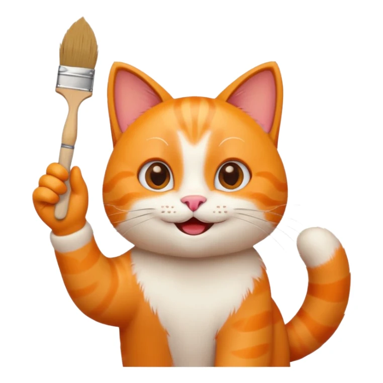 happy cat waving a paintbrush, cheerful, emoji style sticker