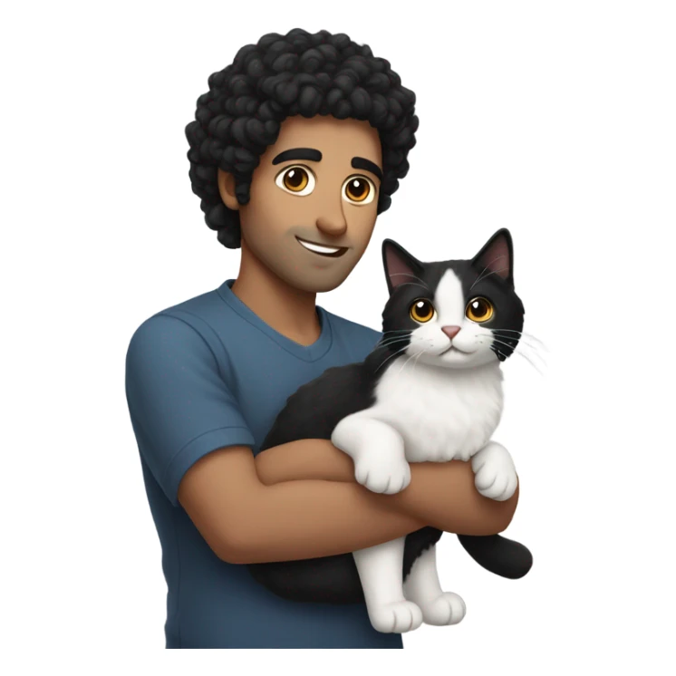 Middle Eastern man with curly black hair holding black and white fluffy cat sticker