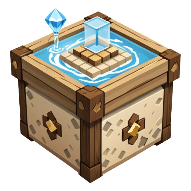 crafting table with tools, stone, wood, glass, sand, steam, water, diamonds... like a minecraft style cube crafting table  sticker