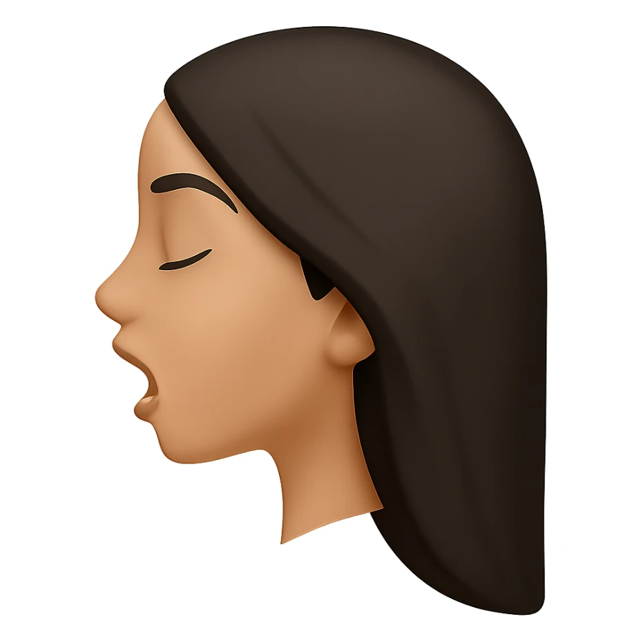 Create a side view (profile) of this woman's head in the normal iPhone emoji style, with closed eyes and an open mouth, smooth shading, no outlines, and long dark hair. Variant 4. The style should replicate the smooth shading and no outlines typical of the iPhone emoji style. sticker