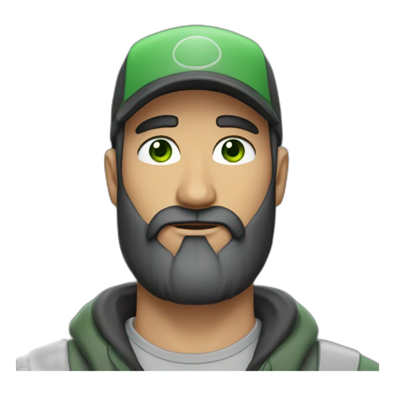 Man with green eyes and black hair and beard, gray caps sticker
