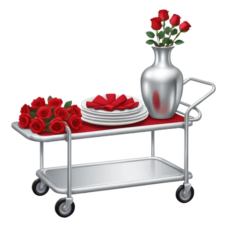 Room service trolley: A silver serving trolley with covered dishes, folded napkins, and a small flower vase. sticker