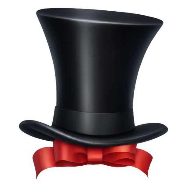 A black top hat displaying a red ribbon around the base. The ribbon forms a visible bow at the front, with the ends falling slightly over  sticker