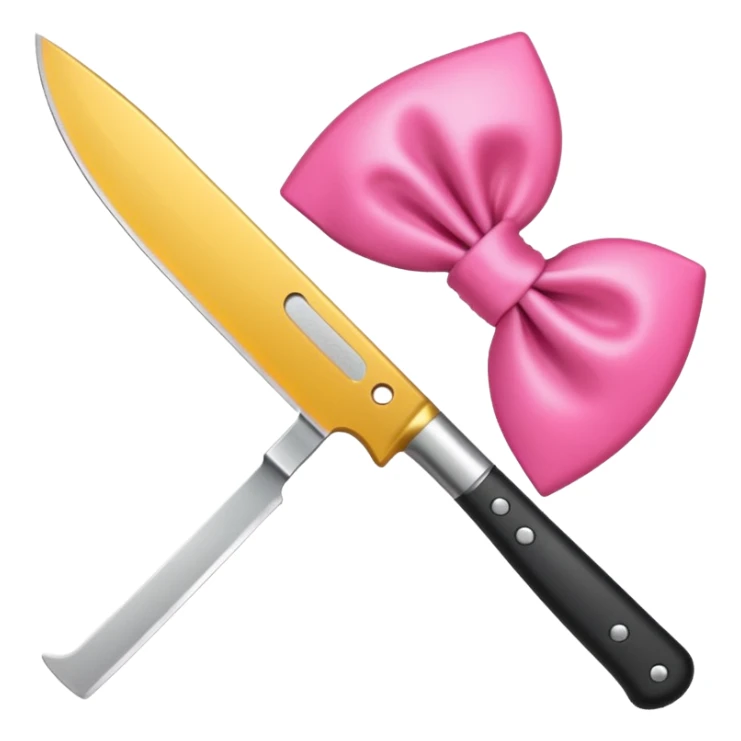Kitchen knife with a pink bow tied around the handle, emoji style, simple, flat vector, white background, only one object sticker