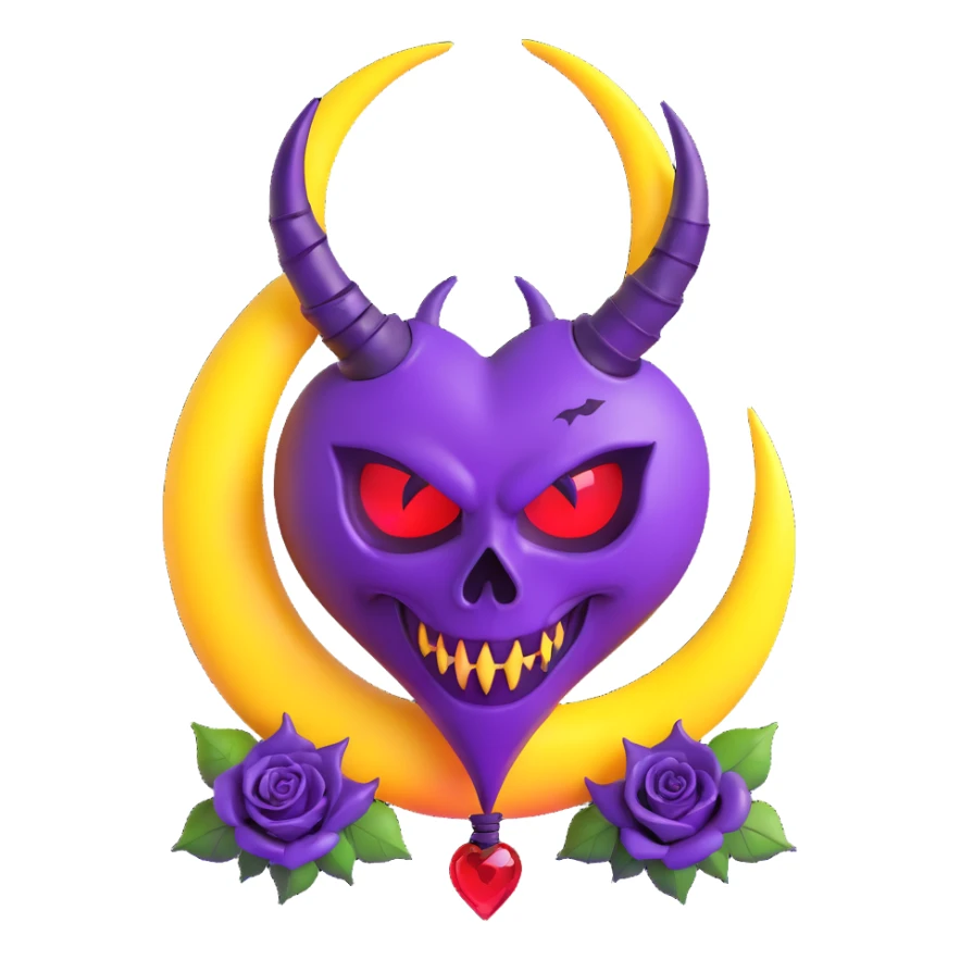 devil heart made of dark purple glass with twisted devil horns, spade tail, black roses entwined, crescent moon above, neon lightning, heavy rain, splintered glass sticker