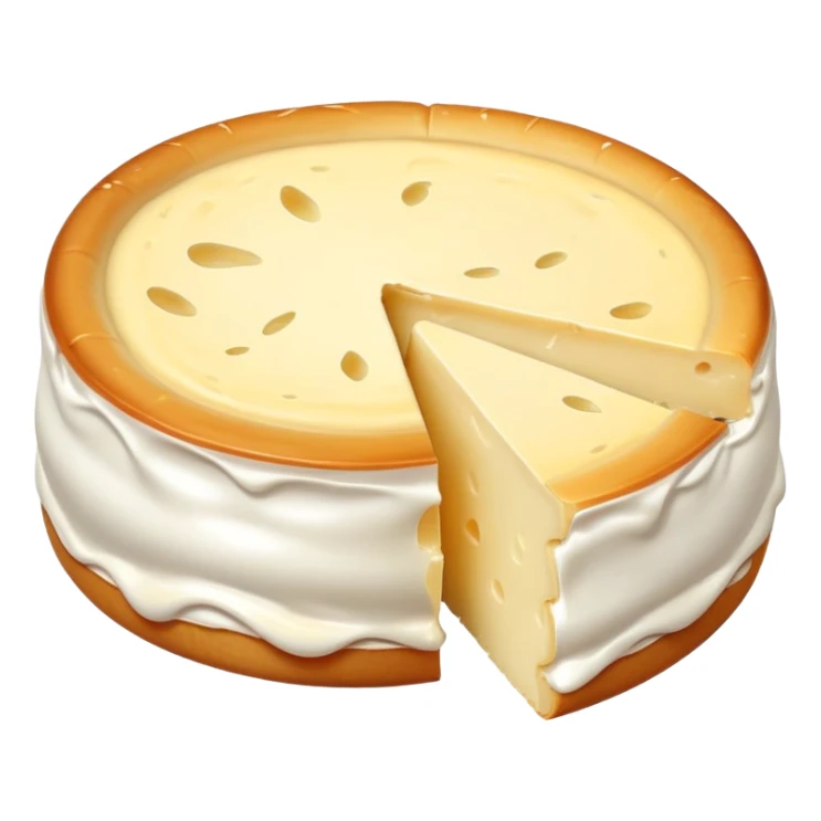 cinematic-realistic-brie-cheese-emoji,-featuring-a-creamy gooey center,-soft-ripened-cheese-with-a-delicate white rind-rendered-with-lifelike-detail-and-inviting,-natural-lightingwith a slide showing the gooey center sticker